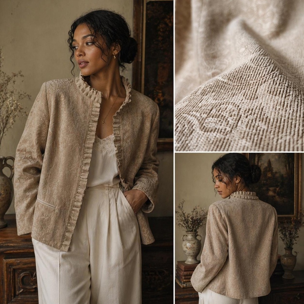 Chico's Ruffle Floral Paisley Jacquard Flocked Corduroy Snap Jacket Beige Size 2